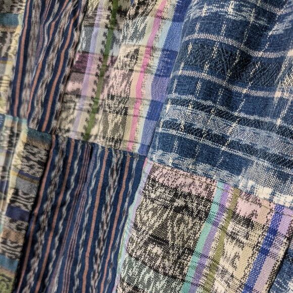 Patchwork Maxi Skirt S Blue Multi Plaid Boho Hippie Floral Embroidered Pull On - Picture 7 of 12